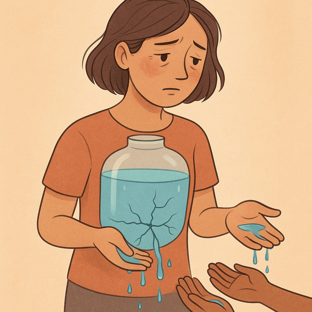 En digital illustration af en ung kvinde med en gennemsigtig vandtank i brystet, hvorfra vand siver ud gennem revner, mens hun hjælper andre med hænderne, men selv ser udmattet ud.