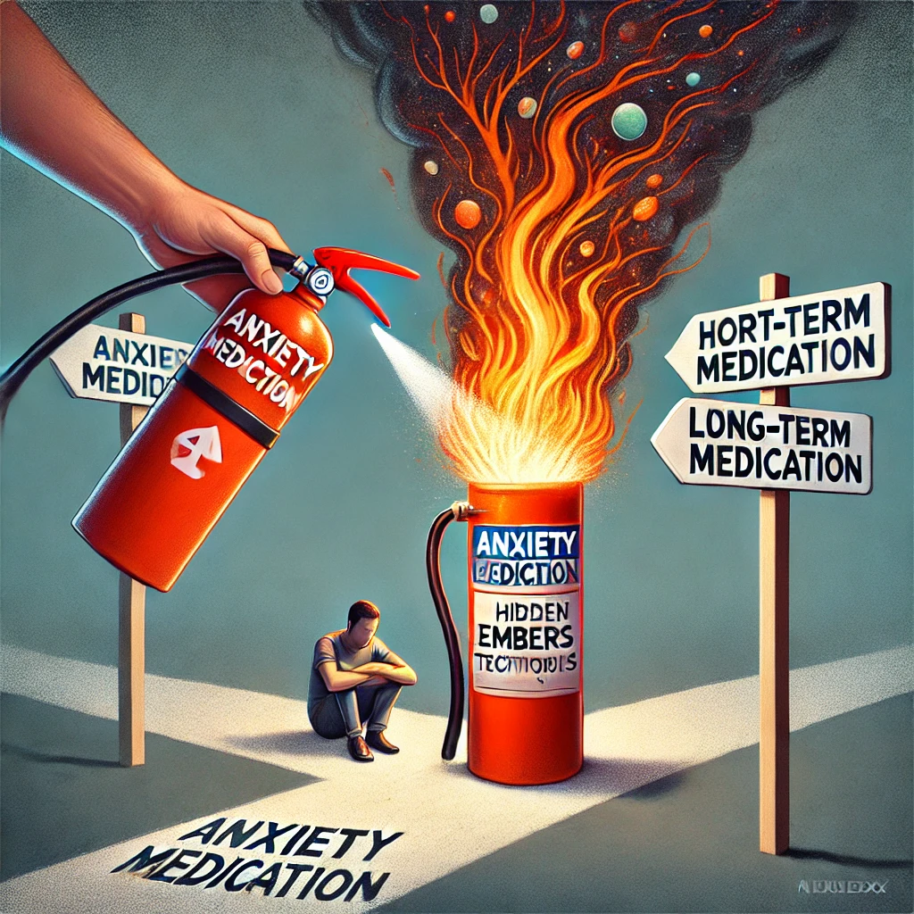 En konceptuel illustration af angstmedicin som en brandslukker, der sprøjter skum på en stor ildebrand. Under overfladen gløder skjulte gløder, der symboliserer uløste traumer og stress. I baggrunden står en person ved en vejgaffel – den ene vej fører til fortsat medicinering, mens den anden peger mod terapi og selvregulering. Billedet fremhæver kontrasten mellem kortvarig symptomlindring og en langsigtet helingsproces.