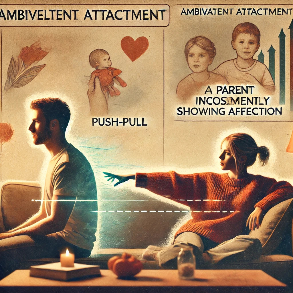 Et illustrativt billede af ambivalent tilknytning i relationer. En person rækker ud efter deres partner, som ser ud til at trække sig væk, hvilket symboliserer den typiske push-pull dynamik. I baggrunden ses en svag silhuet af en forælder, der vekslende viser omsorg og afstand, hvilket repræsenterer de tidlige oplevelser, der skaber denne tilknytningsstil.