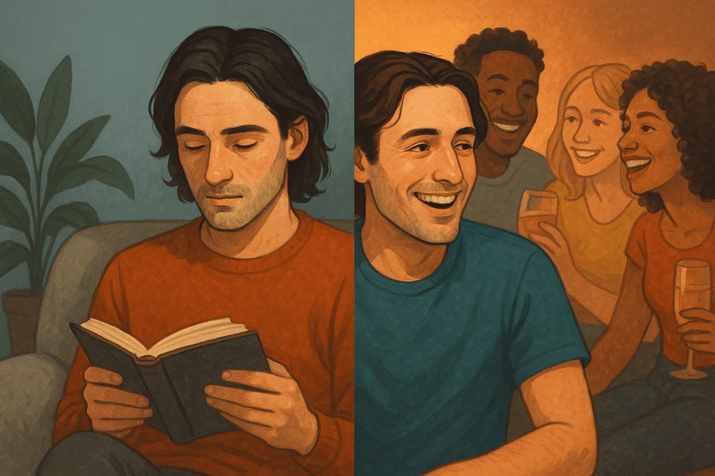 Digital illustration af en mand delt mellem to miljøer – i venstre side sidder han alene og læser, i højre side smiler han og er omgivet af venner.