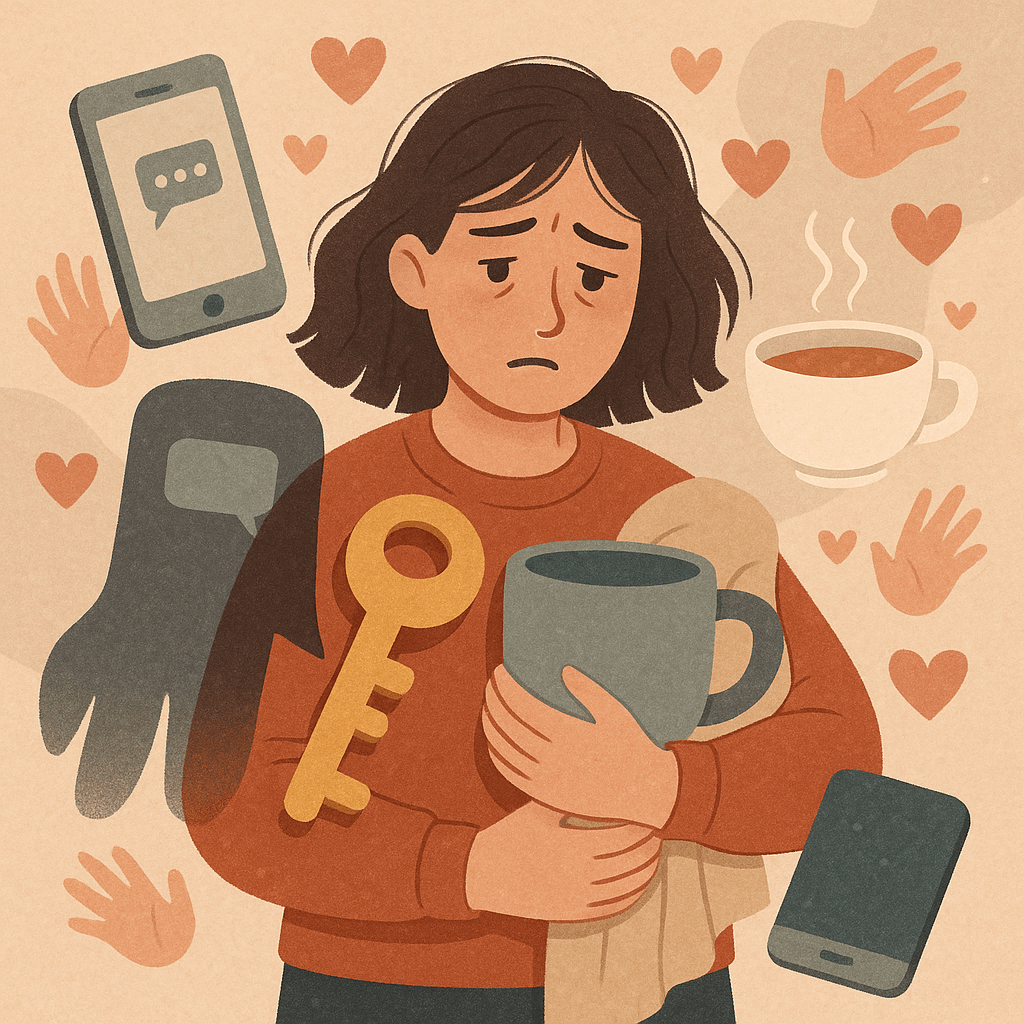 Digital illustration af en ung kvinde, der ser træt ud, mens hun holder en stor kop og en nøgle, omgivet af hjerter, hænder, mobiltelefoner og en kop suppe – symboler på konstant omsorg og behov for ydre bekræftelse.