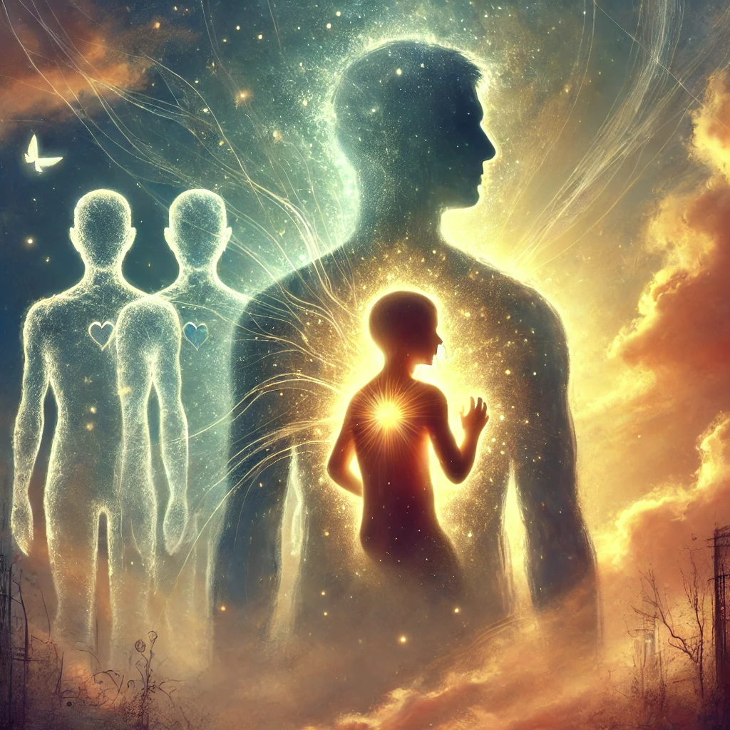 En symbolsk digital illustration af en person, der omfavner sit indre barn, som lyser op i en varm, gylden glød. Omkring dem ses svage, gennemsigtige silhuetter af tidligere versioner af sig selv, der gradvist opløses i baggrunden. Scenen har et drømmende og meditativt udtryk, der repræsenterer heling, selvaccept og følelsesmæssig frihed.