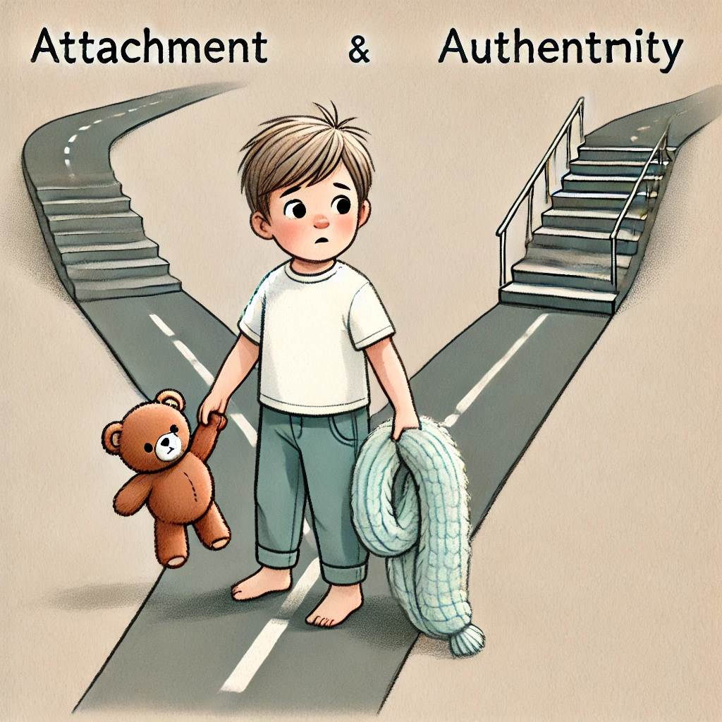 Lille dreng på 4 år står ved en vej, der deler sig i to trapper. Han holder en bamse og en sutteklud og ser usikker ud. Den ene trappe repræsenterer tilknytning (tryghed og fællesskab), den anden autenticitet (selvrealisering og uafhængighed).