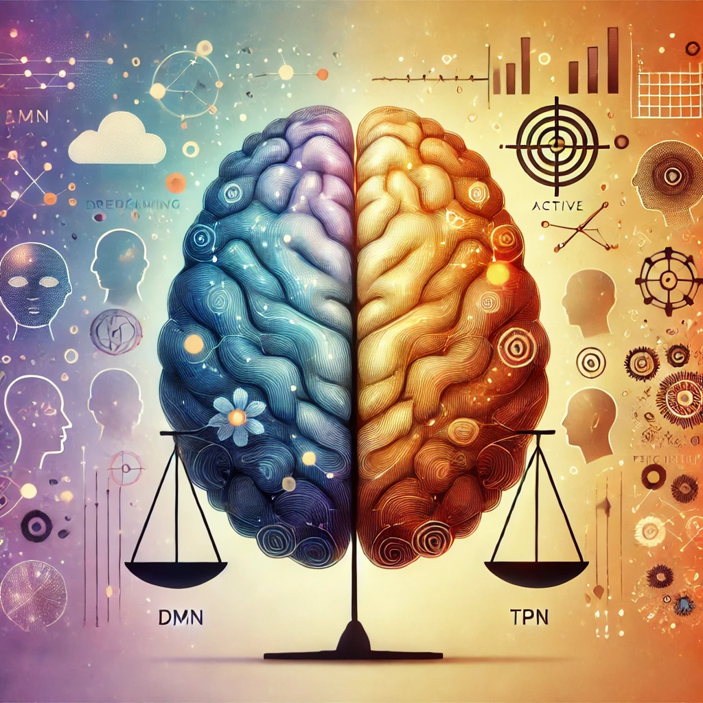 Et billede af en delt menneskelig hjerne, hvor venstre side viser blå og lilla nuancer, der repræsenterer introspektion, dagdrømme og social kognition (Default Mode Network - DMN). Højre side viser orange og gule nuancer, der symboliserer fokuseret opmærksomhed, problemløsning og beslutningstagning (Task-Positive Network - TPN). Et balanceikon i midten illustrerer anti-korrelationen mellem de to netværk.