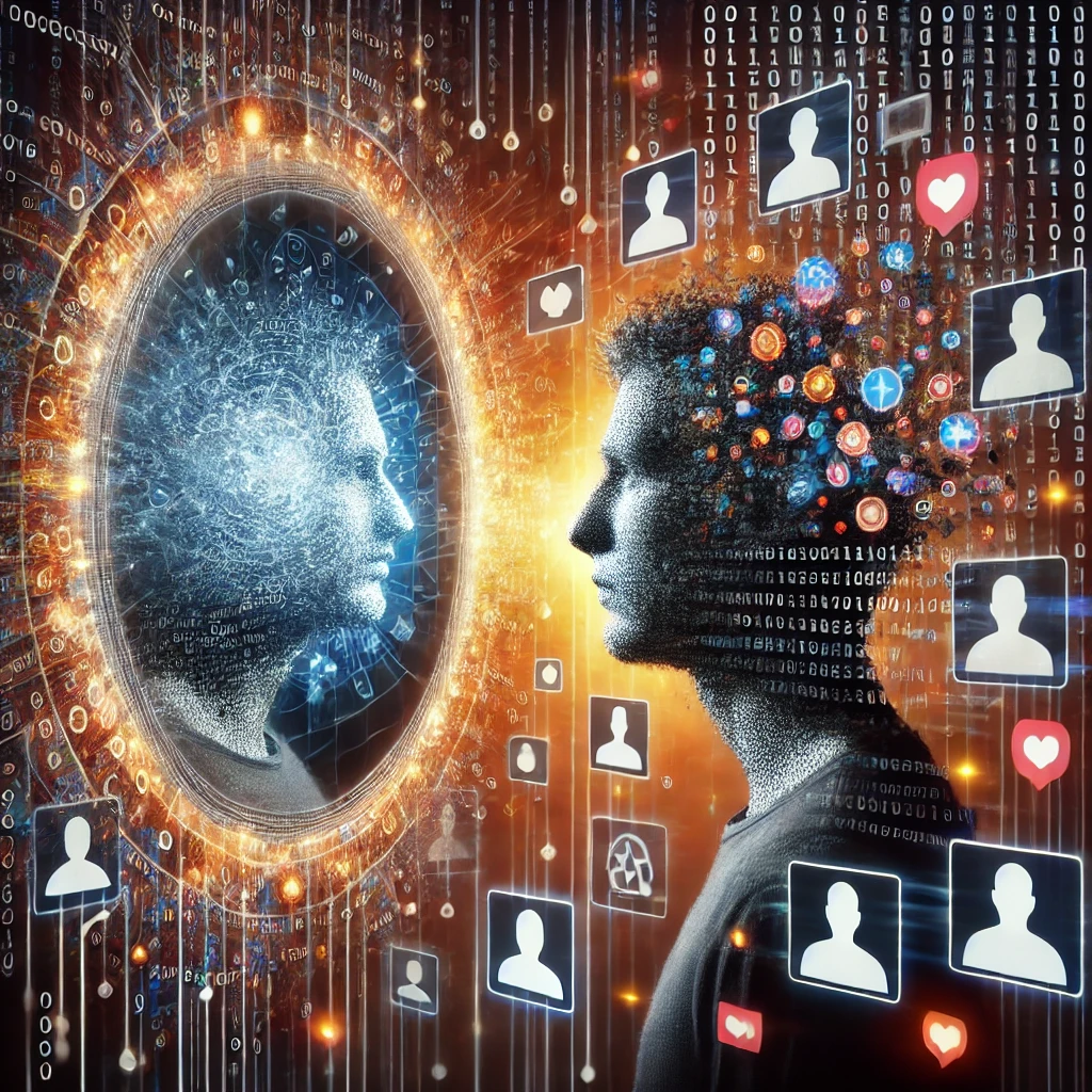 En symbolsk illustration af en menneskelig figur omgivet af algoritmer, digitale platforme og ekkokamre, der repræsenterer teknologiens indflydelse på identitet og beslutningstagning.