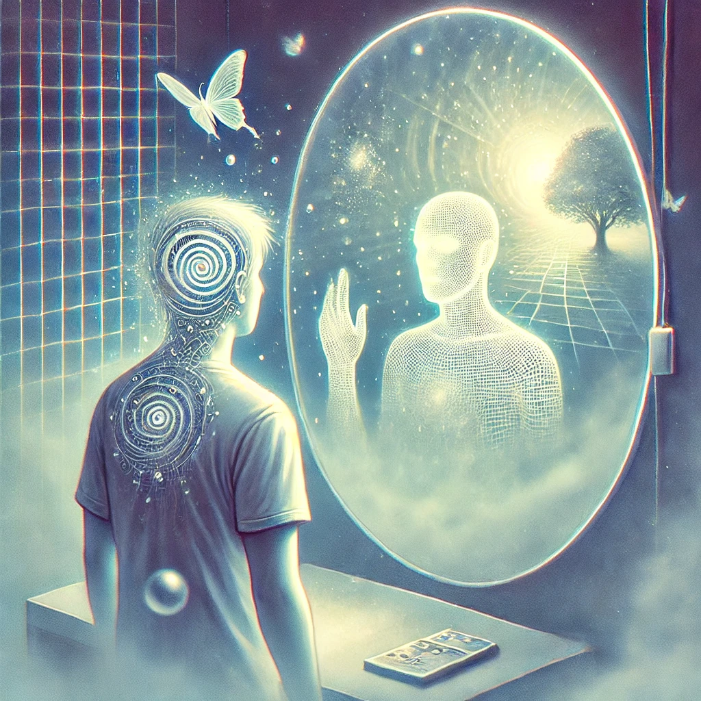 Illustration af depersonalisation som en psykologisk tilstand, hvor en person kigger i et spejl, men ikke kan genkende sig selv. Personen føler sig frakoblet fra deres egen refleksion, og verden omkring dem fremstår forvrænget, som set gennem et tåget glas, hvilket symboliserer følelsen af adskillelse fra virkeligheden.