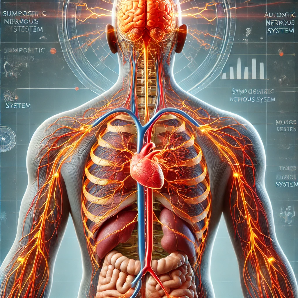 Illustration af det sympatiske nervesystem i aktion. Billedet viser en menneskekrop med det autonome nervesystem fremhævet. De sympatiske nerver, markeret i røde og orange nuancer, strækker sig fra rygsøjlen til organer som hjerte, lunger og muskler. Kroppen er i kamp-flugt-tilstand med øget hjertefrekvens, hurtig vejrtrækning og spændte muskler.