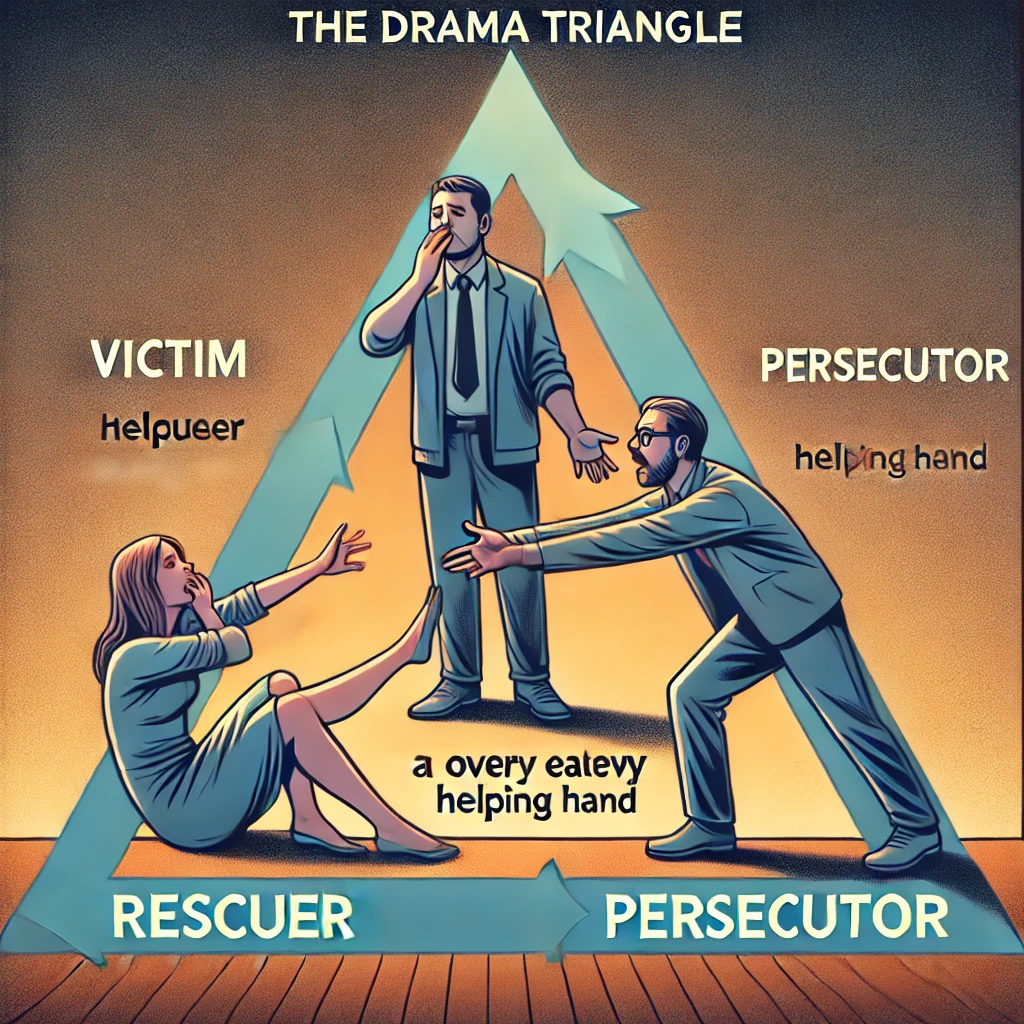 Illustration af dramatrekanten, hvor tre personer repræsenterer rollerne som Offer, Redder og Krænker. Offeret ser hjælpeløst ud, Redderen rækker ud for at hjælpe, og Krænkeren står i en dominerende position. Baggrunden viser en subtil overgang fra mørke til lys, der symboliserer den potentielle vej ud af den destruktive dynamik.