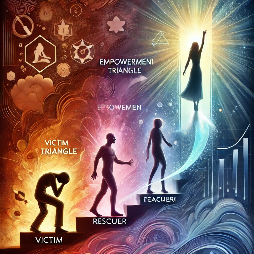 Illustration af dramatrekanten, hvor tre personer i konflikt (Offer, Redder og Krænker) befinder sig i en mørk, kaotisk del af billedet. Over dem transformeres de gradvist til Empowerment Triangle-rollerne (Lærende, Guide og Udfordrer), stående i selvsikre og samarbejdende positurer i et lyst og harmonisk område. Overgangen mellem de to tilstande vises med en farvegradient fra mørke til lyse toner.