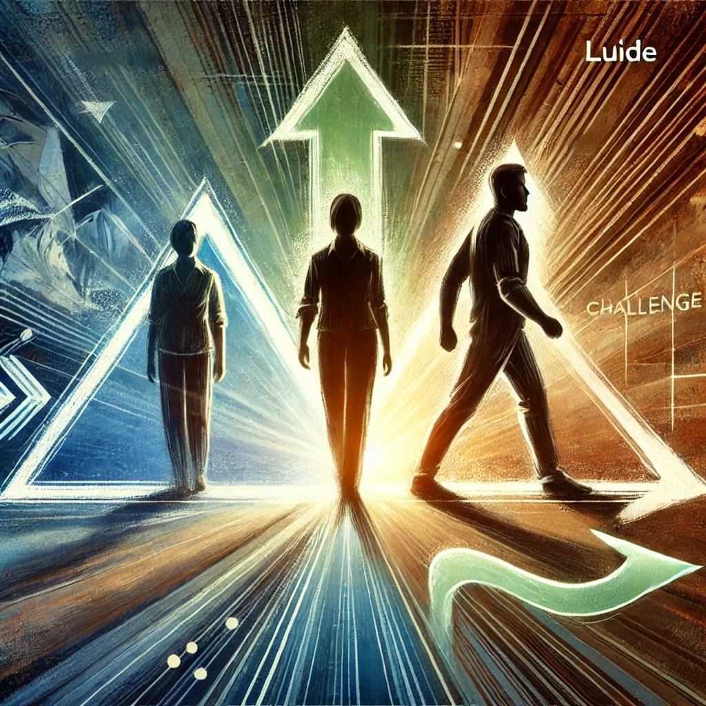 Illustration af Empowerment Triangle, hvor tre figurer repræsenterer rollerne Lærende, Guide og Udfordrer. Lærende tager et skridt fremad med nysgerrighed, Guiden står ved siden af og tilbyder støtte uden at tage over, mens Udfordreren foran dem opmuntrer til vækst. Baggrunden skifter fra mørke til lys, symboliserende overgangen fra dramatrekanten til empowerment og intentionel udvikling.