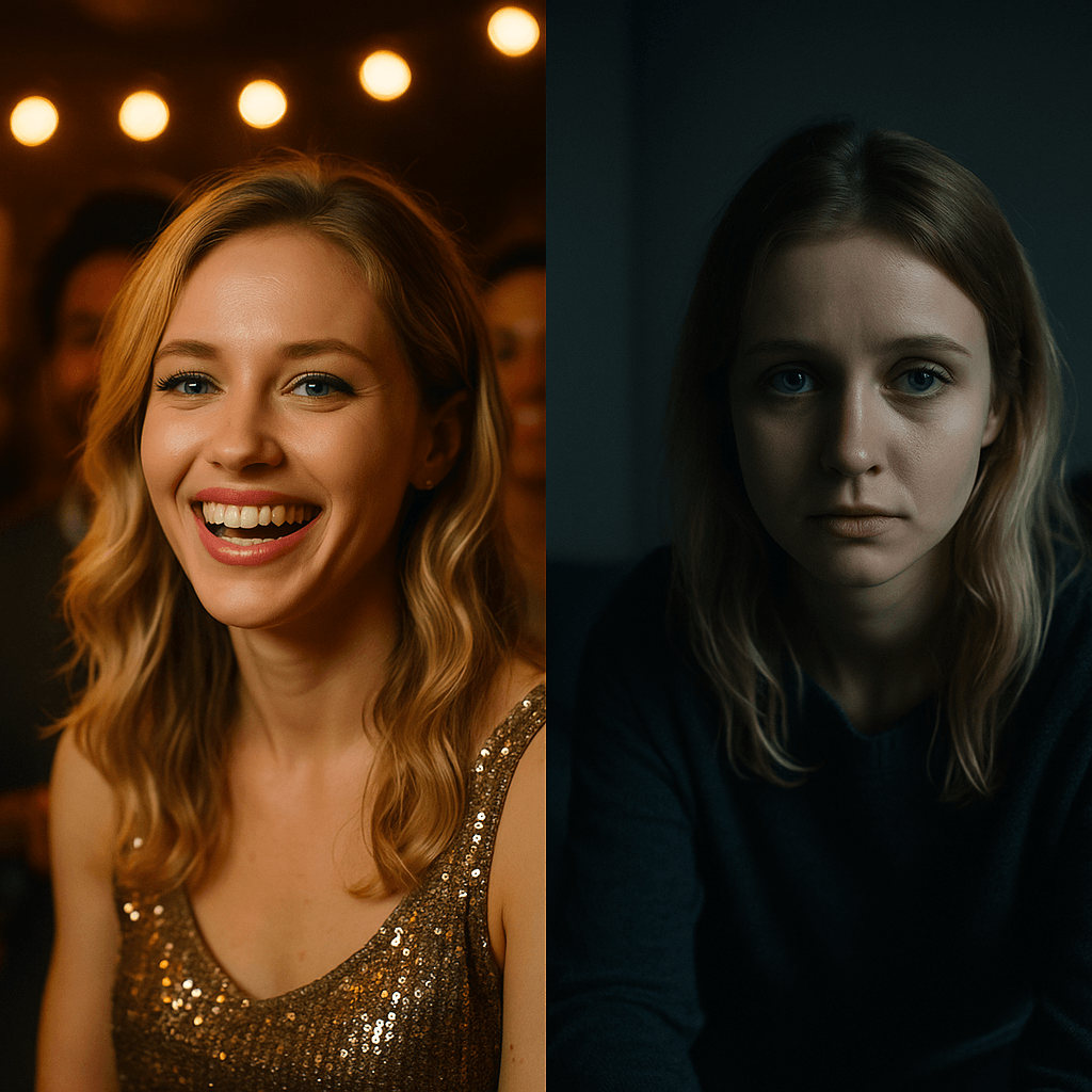 En kvinde i en livlig social setting omgivet af mennesker og lys kombineret med et kontrastbillede af hende alene i mørke omgivelser – symboliserer forskellen mellem ægte ekstroversion og tilknytningsdrevet socialitet.