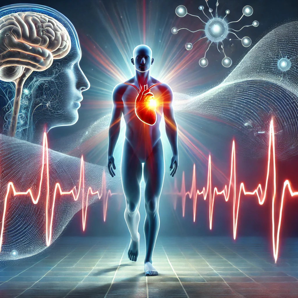Illustration af Heart Rate Variability (HRV) med fokus på en menneskefigur, der har et lysende hjerte omgivet af bølger, som repræsenterer hjerteslag og nervesystemets forbindelse til hjernen.