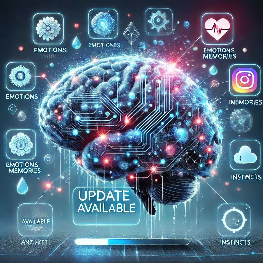 En digital illustration af en menneskelig hjerne med et futuristisk interface, der minder om en smartphone. Hjernen er semi-transparent og viser glødende neurale kredsløb, mens app-ikoner, der repræsenterer følelser, minder og instinkter, svæver omkring den. Nogle apps ser ud til at være fejlbehæftede eller glitcher, hvilket symboliserer angst og følelsesmæssige udfordringer. En opdateringsknap med teksten "Update available" lyser op, hvilket antyder muligheden for mental reprogrammering.