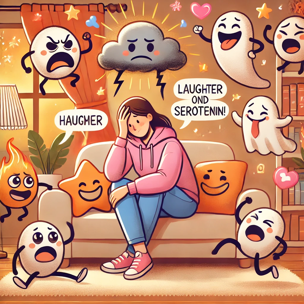 En varm og humoristisk illustration af en person, der sidder i en hyggelig stue og griner, omgivet af små, komiske figurer, der repræsenterer angst. Figurerne er karikerede og fjollede, herunder en dramatisk skuespiller med en teatermaske, en gnaven lille stormsky og et klodset spøgelse, der snubler over sig selv. Stemningen er let og afslappet, med tale- og tankebobler, der indeholder glade emojis og symboler for latter og serotonin, som understreger humorens kraft til at afvæbne angst.