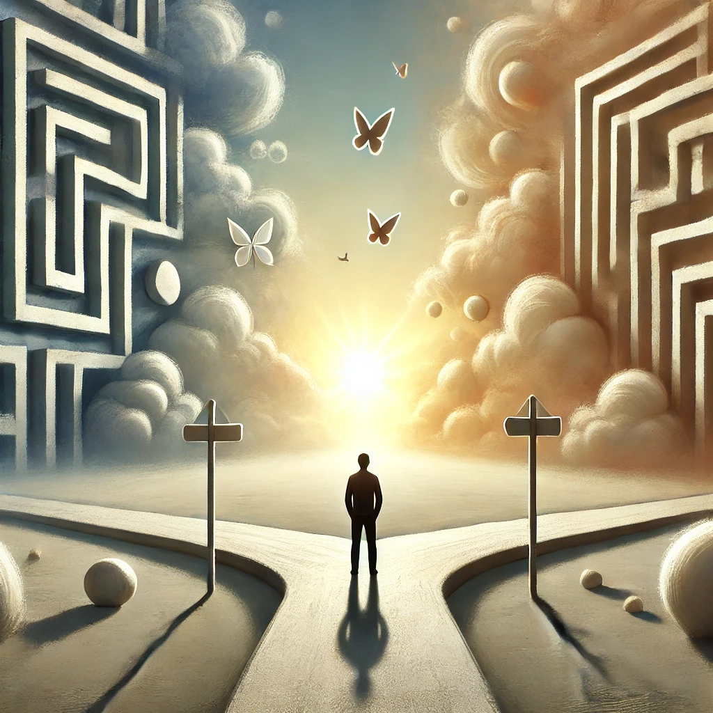 En symbolsk illustration af en person, der står ved et fredeligt vejkryds. Den ene sti fører til gentagne mønstre, mens den anden åbner sig mod et lyst landskab, der symboliserer klarhed og fremskridt. Flydende abstrakte elementer i luften repræsenterer tanker og valg. Stemningen er rolig og opmuntrende, med en harmonisk farvepalette.