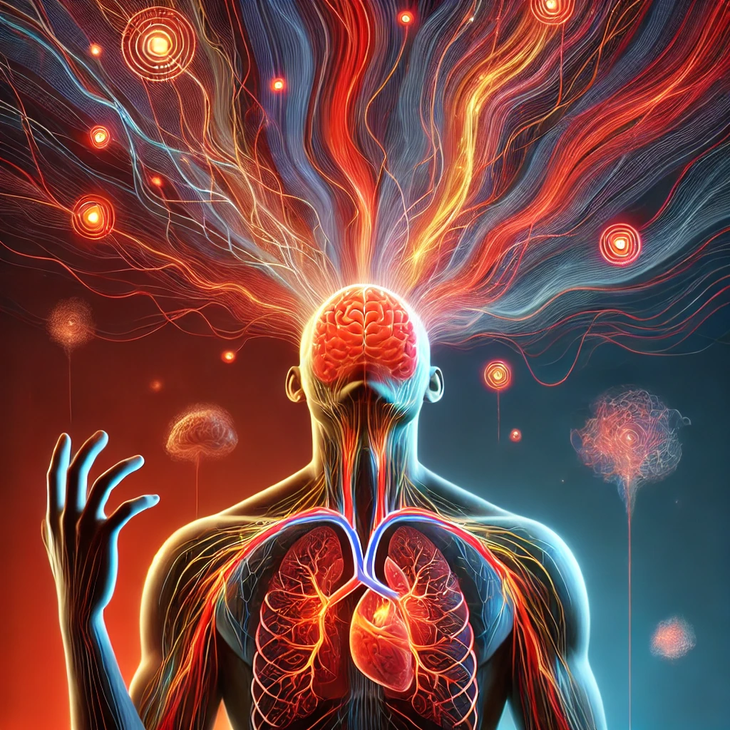 Menneskelig silhuet med oplyst hjerne og røde signaler i nervesystemet mod en blå-til-rød baggrund – illustration af angstens spredning.