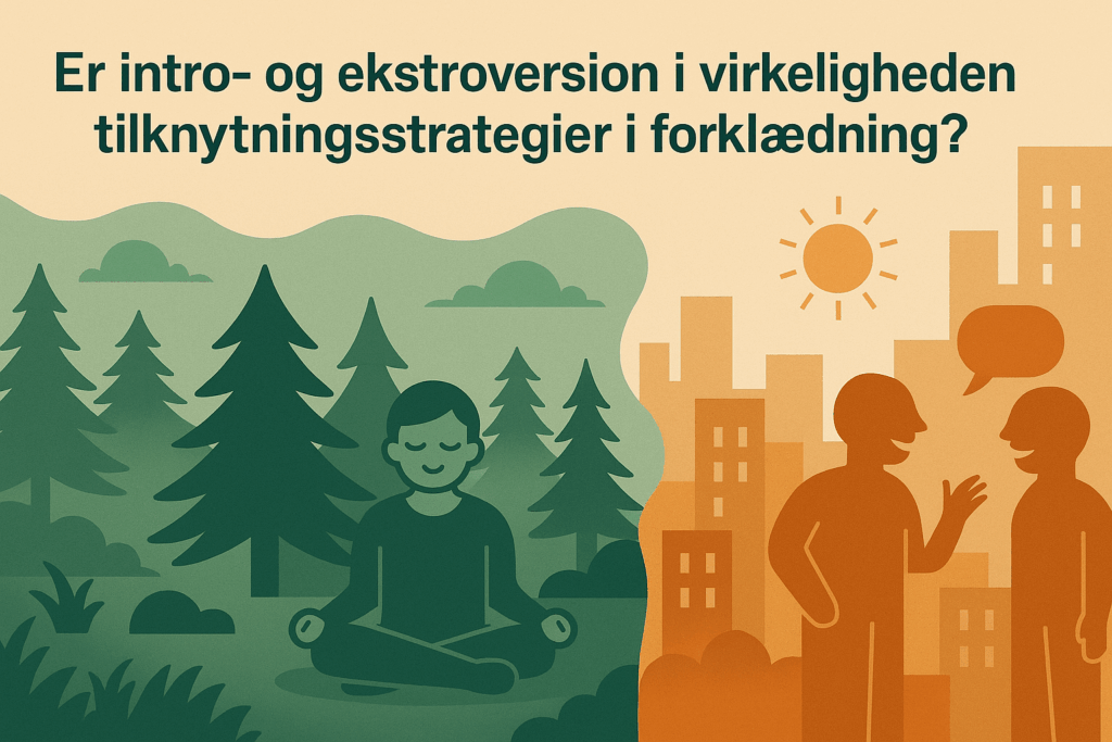 Illustration af introversion og ekstroversion: en person finder ro i skoven, to personer taler i byen. Med overskrift: 'Er intro- og ekstroversion i virkeligheden tilknytningsstrategier i forklædning?'