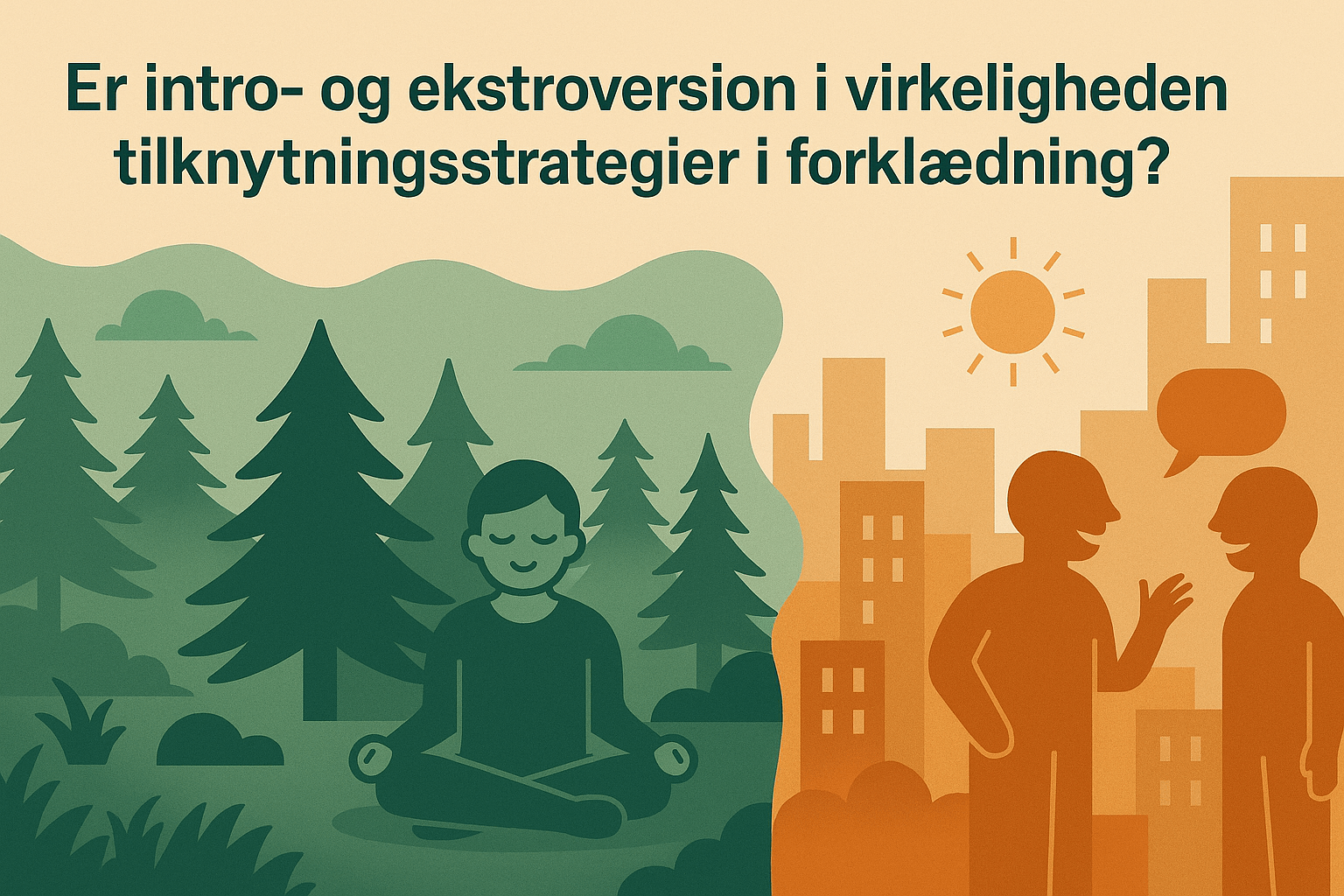Illustration af introversion og ekstroversion: en person finder ro i skoven, to personer taler i byen. Med overskrift: 'Er intro- og ekstroversion i virkeligheden tilknytningsstrategier i forklædning?'