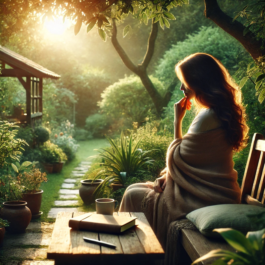 Kvinde i en have om morgenen i dyb kontemplation, med blødt sollys og en notesbog ved siden af.