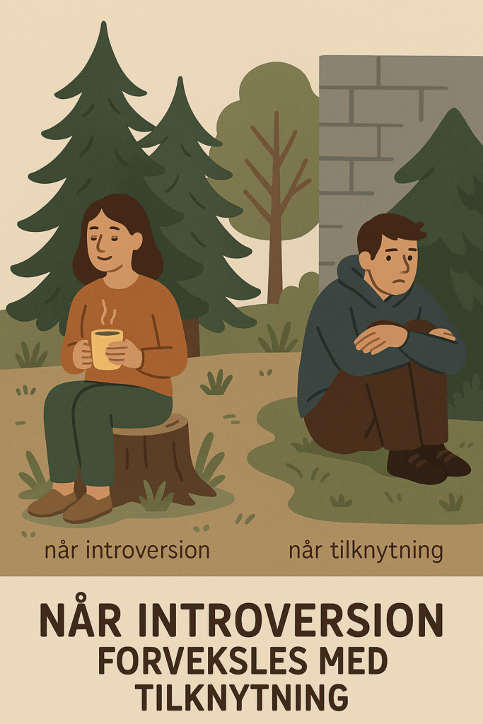 Illustration af forskellen mellem autentisk introversion og undvigende tilknytning: en person i skoven der finder ro, og en person der skjuler sig bag en mur.
