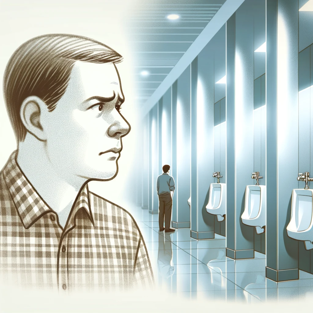 En person står i en moderne offentlig toiletfacilitet og ser ængstelig og tøvende ud nær en række urinaler eller toiletbåse. Baggrunden er let sløret for at understrege individets følelser af social angst og uro, hvilket afspejler den psykologiske kamp, der kendetegner paruresis.