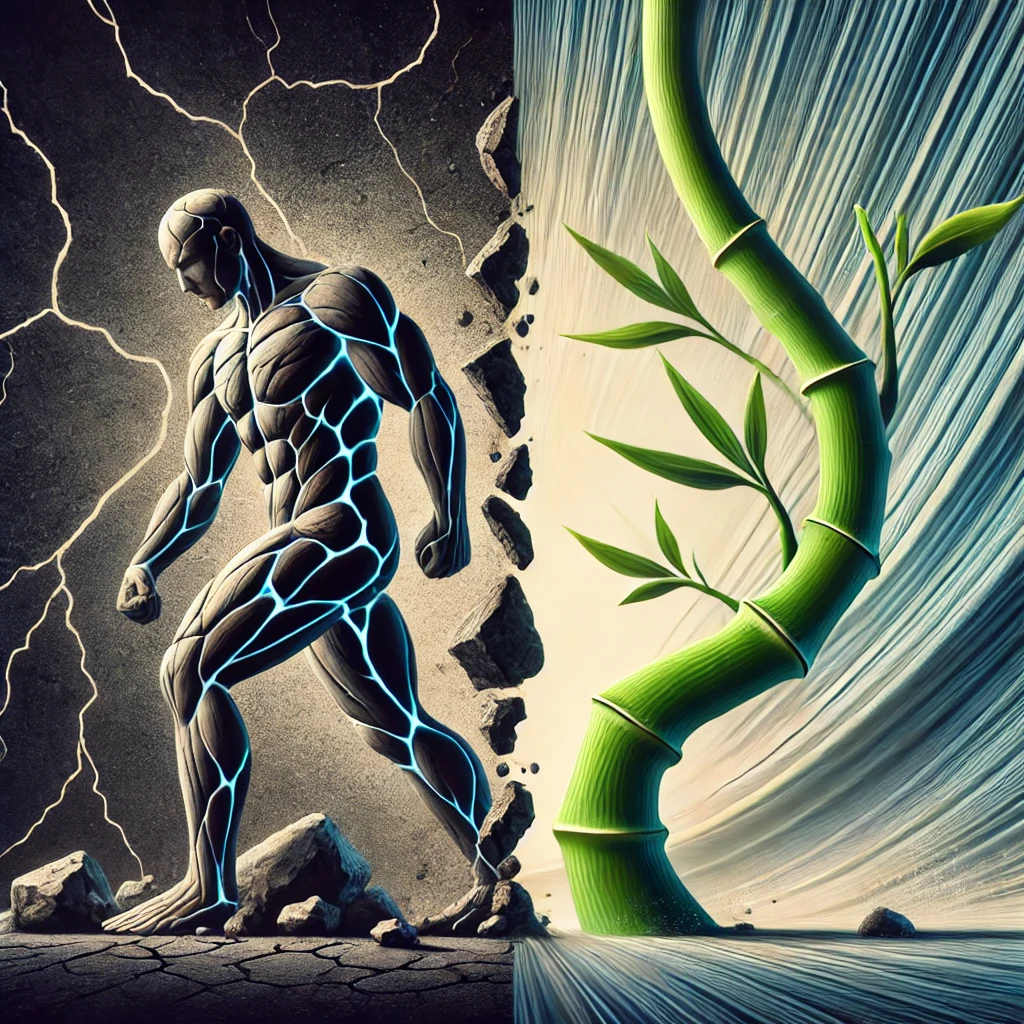 Illustration af kontrasten mellem rigiditet og fleksibilitet. Venstre side viser en stiv, stenlignende figur, der står fast og ubevægelig, omgivet af revner, der dannes under pres. Højre side viser en bøjeligt bambusplante, der svajer i vinden, symboliserende tilpasningsevne. Baggrunden skifter fra mørk og anspændt på den rigide side til lys og flydende på den fleksible side.