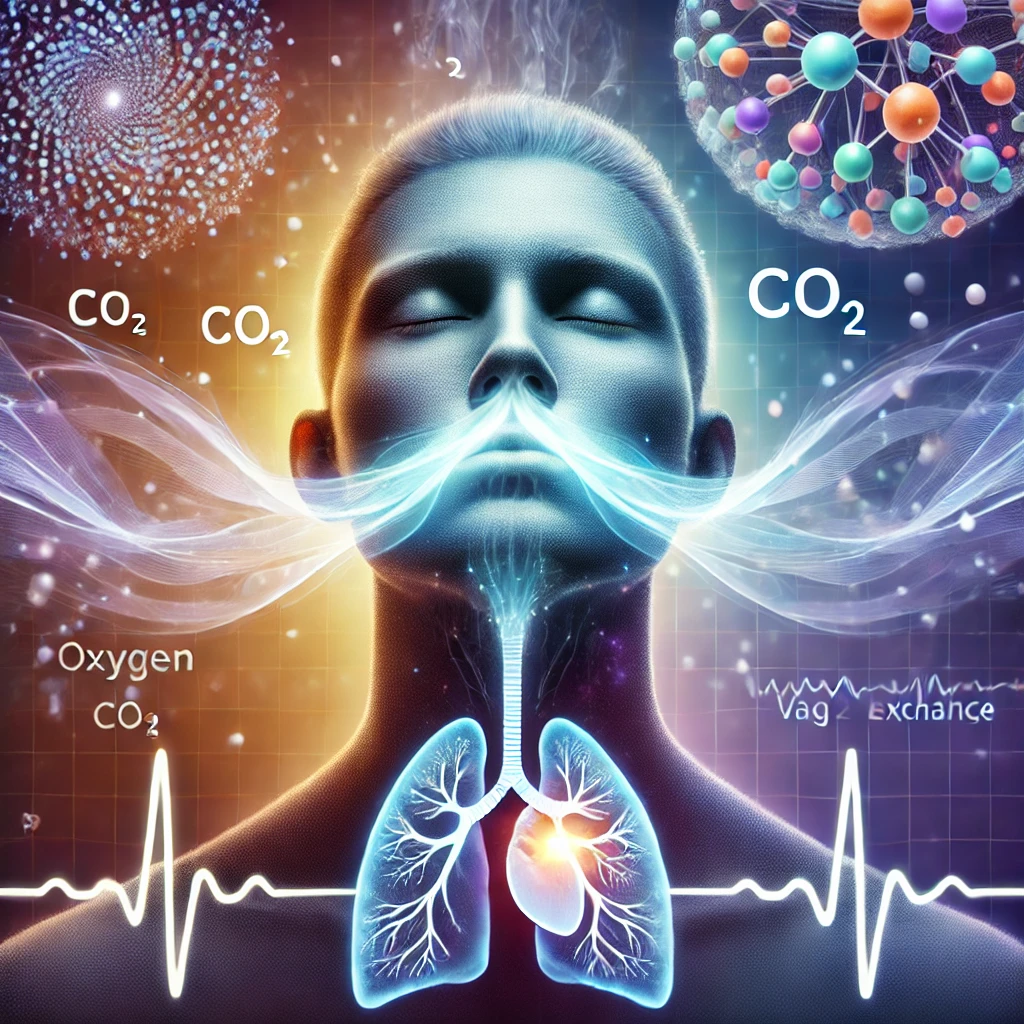 En person mediterer eller trækker vejret dybt med en glødende luftstrøm omkring næse og mund, symboliserende kontrolleret vejrtrækning. I baggrunden ses abstrakte repræsentationer af iltmolekyler og CO₂-udveksling, sammen med en subtil hjerterytme og vagusnervens pathway, der illustrerer forbindelsen mellem åndedræt, nervesystemet og stress og angst. Farverne er rolige nuancer af blå, lilla og orange, som skaber en følelse af balance og afslapning.