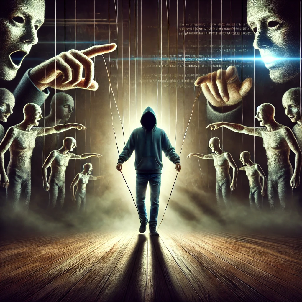 En person afbildet som en marionet, styret af usynlige tråde, der symboliserer skammens tyranni og samfundets kontrol. Skyggefulde figurer omgiver personen, hvisker og peger, hvilket repræsenterer dømmende blikke og internaliseret skam. En dyster baggrund med digitale elementer antyder social medies rolle i moderne udskamning, mens et fjernt lys symboliserer vejen til selvaccept og frihed.