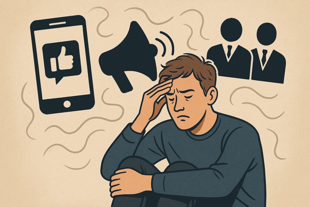 Illustration af en stresset ung mand omgivet af symboler på sociale medier, samfundets krav og ekstern validering – et billede på stress, angst og lavt selvværd i den moderne præstationskultur.