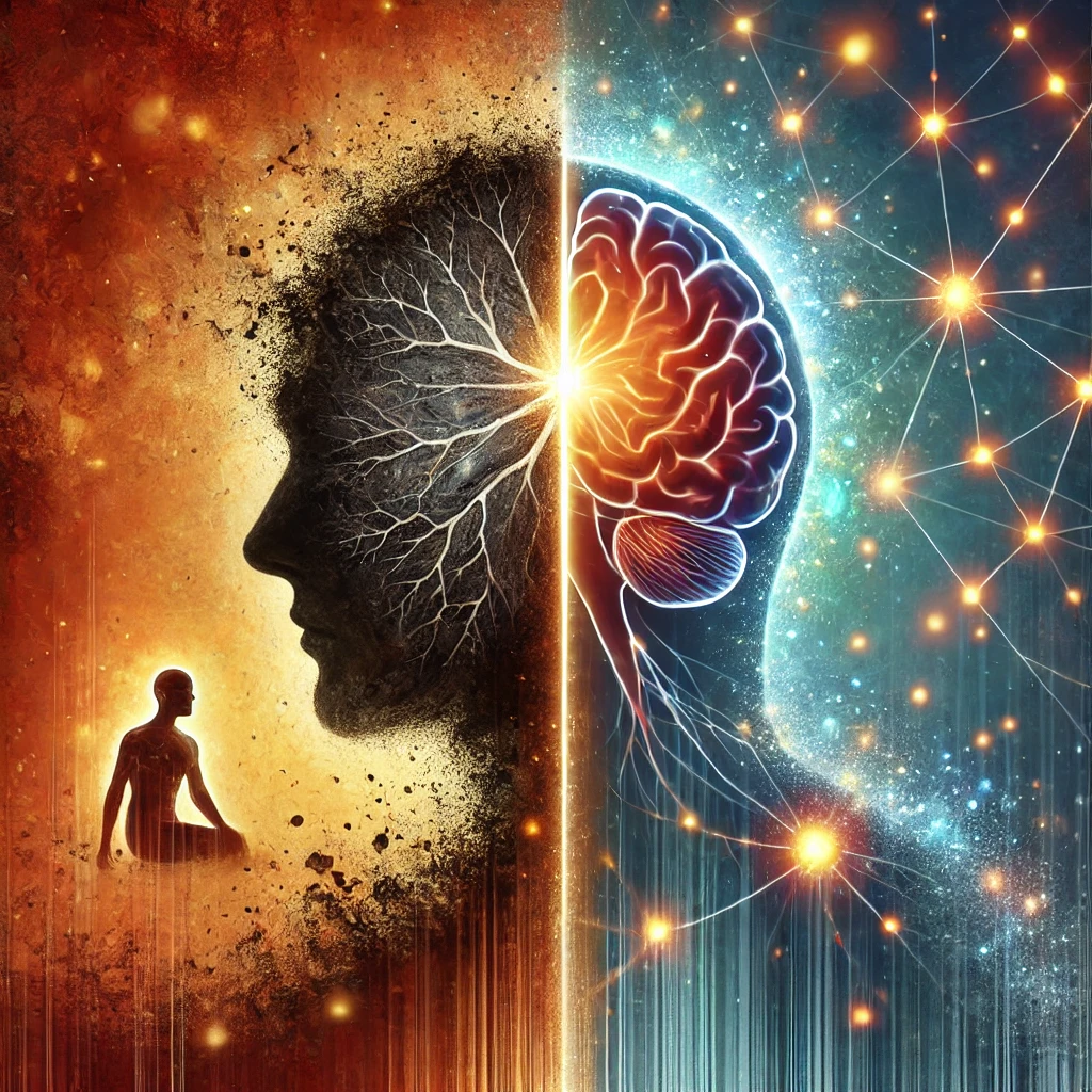 Illustration af et menneske opdelt i to halvdele: den ene side mørk og fragmenteret, den anden side lys og hel. Et lysende netværk af neurale forbindelser forbinder de to sider, hvilket symboliserer traumets helingsproces.