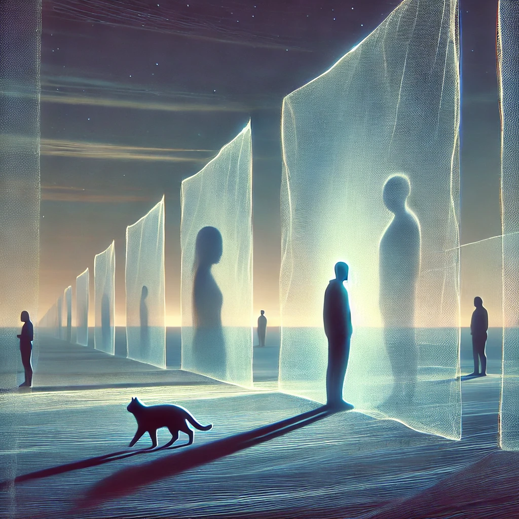 En symbolsk digital illustration af en person, der står alene i et åbent landskab, omgivet af usynlige, gennemsigtige barrierer, der repræsenterer følelsesmæssig distance. En skygge af en kat er tæt på personen, hvilket symboliserer trøst i ensomhed. I baggrunden ses slørede silhuetter af mennesker, der understreger temaet om følelsesmæssig tilbagetrækning.
