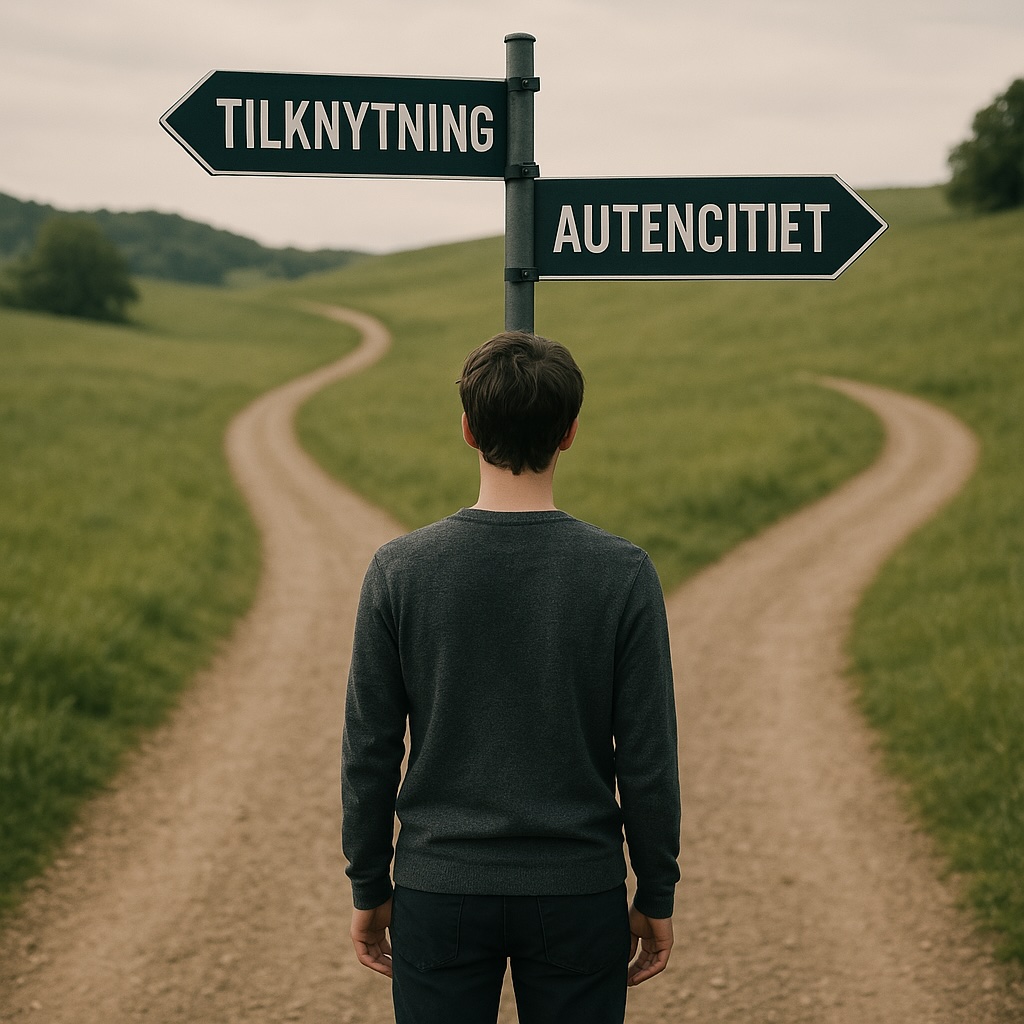 Person står ved en vejgaffel med to skilte: "Tilknytning" og "Autenticitet", der symboliserer det valg, Gabor Maté beskriver mellem menneskelig forbindelse og selvets ægthed.