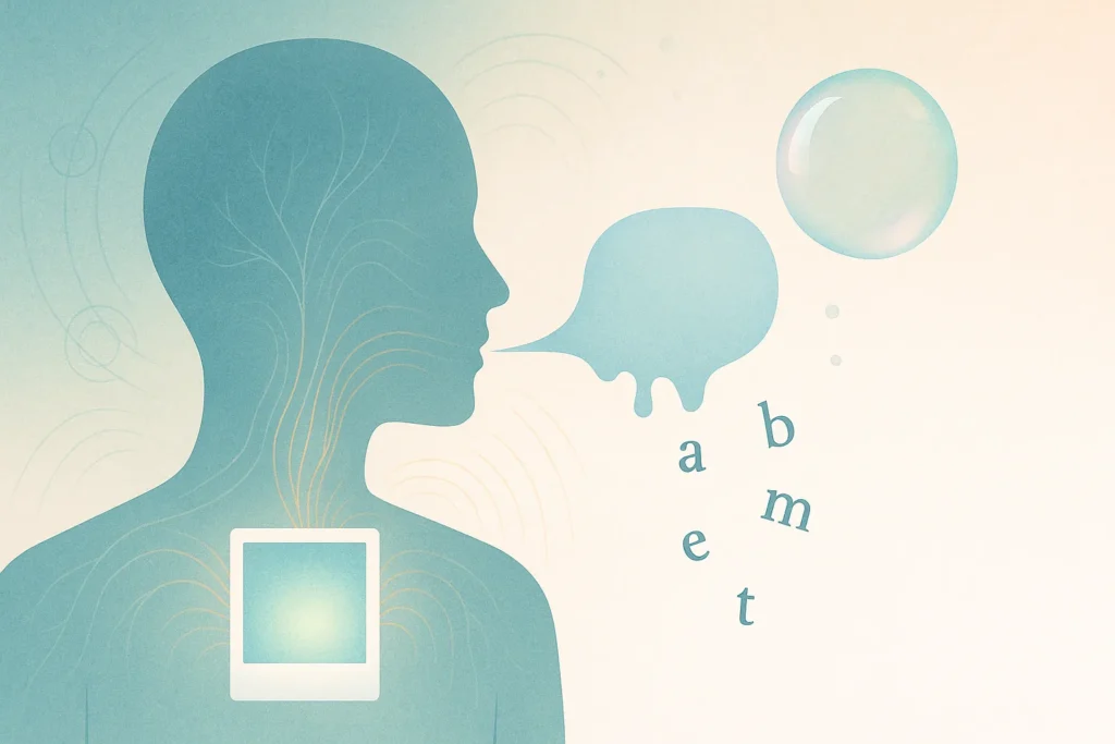 Silhuet med polaroid ved hjertet; taleboble opløses til bogstaver – snapshot-kognition.