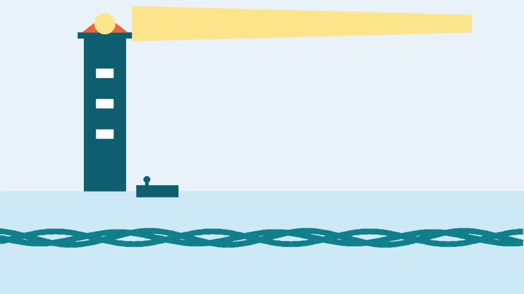 Flad illustration af fyrtårn med lysstråle og rolige bølger – roligt fyrtårn.