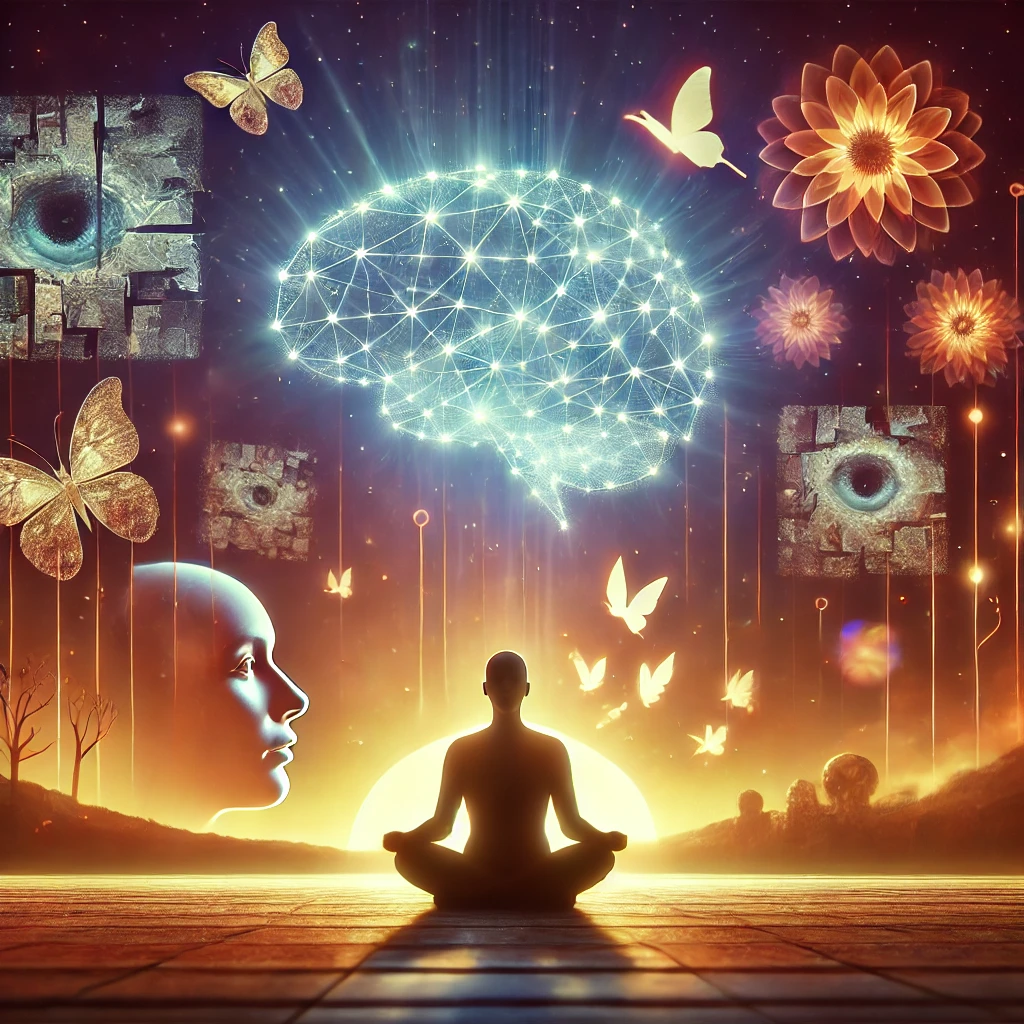 Illustration af rescripting-terapi, hvor en person sidder i en meditativ tilstand med et lysende neuralt netværk omkring hovedet, symboliserende neuroplasticitet. I baggrunden ses fragmenterede skyggebilleder, der transformeres til lysere, strukturerede minder, hvilket repræsenterer omskrivningen af traumatiske oplevelser.