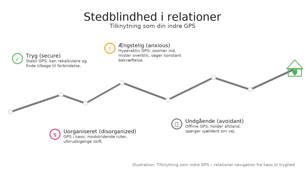 Infografik: “tilknytning som indre GPS” – et kort med rute fra kaos/ængstelig/undgående til tryg forbindelse (hjem/ ❤️).
