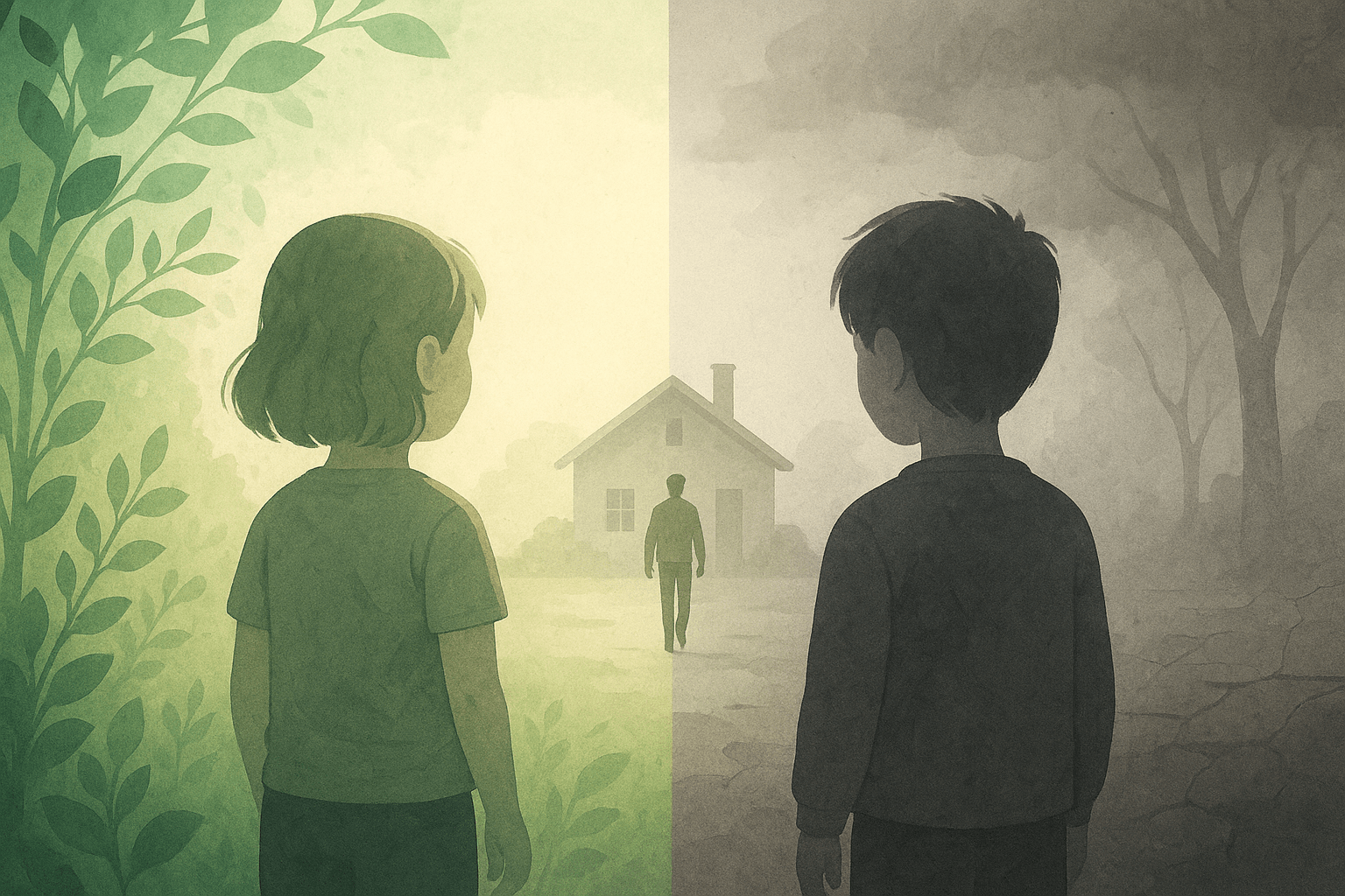 To børn ser på en mand, der går væk fra dem; den ene omkranset af varme farver og liv, den anden af mørke og kulde – symbol på hvordan samme oplevelse kan opleves forskelligt afhængigt af tilknytningsmønster.